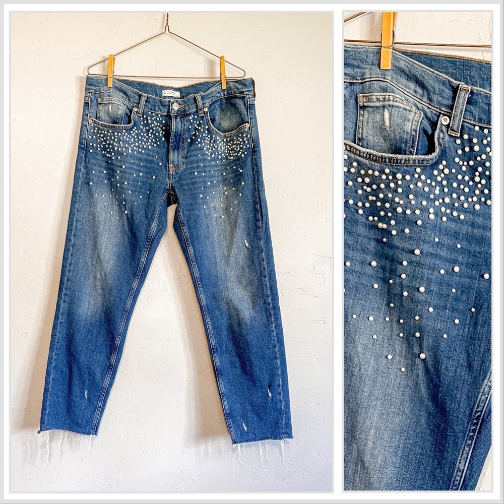 Zara High-Rise Blue Jeans with Pearl Stud Detailing
